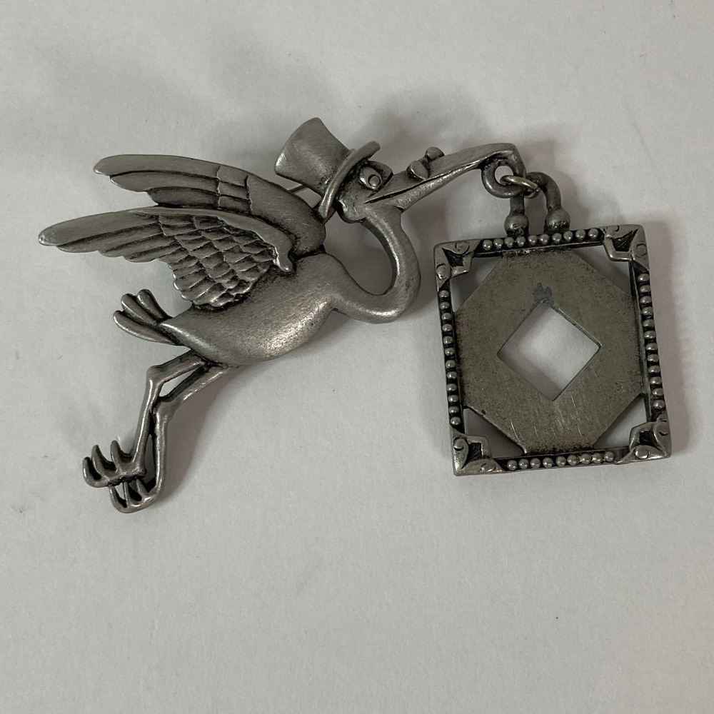 JJ Jonette Jewelry Vintage Pewter Stork Bird Top Hat Picture Frame Brooch Pin